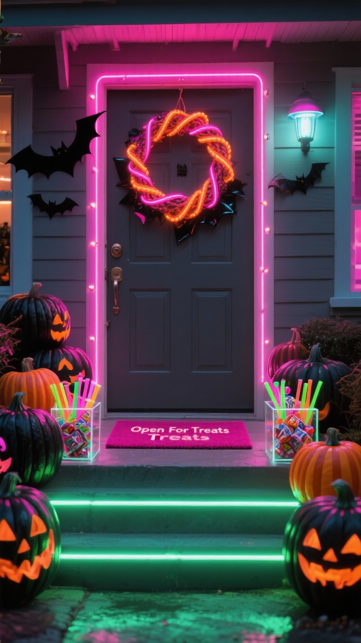 Photorealistic straight-on medium shot of a matte charcoal door outlined with neon rope lights in hot pink and electric orange; a geometric hoop wreath wrapped in neon ribbon with glossy black vinyl bats hangs at center; on the steps, clear acrylic boxes are filled with glow sticks and crinkled plastic candy wrappers creating a giant candy display; striped pumpkins painted in black with neon accents cluster along the entry; a magenta doormat reads “Open For Treats”; LED strip glows under the threshold, and the porch light uses color-changing smart bulbs in vibrant hues; night scene with strong neon reflections; palette: black, hot pink, neon orange, acid green; energetic ’80s vibe.
