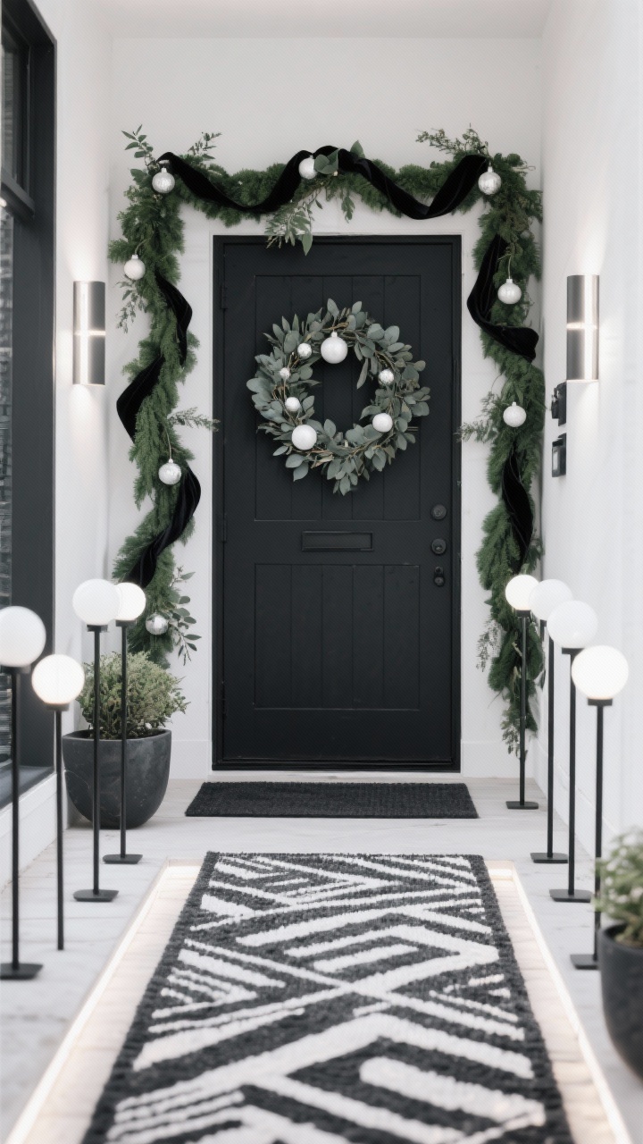 Photorealistic straight-on medium shot of a modern monochrome entry: a crisp black door or deep charcoal door; matte black wreath frame filled with white ornaments and eucalyptus; thick, unadorned deep green garland with a few black velvet ribbon cascades; path lined with black metal stakes topped with white globe lights; cool white LED lighting for a modern edge; graphic black-and-white doormat and matching planters; high-contrast, sleek mood.