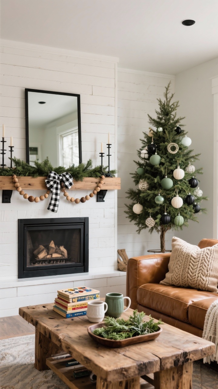 Photorealistic straight-on medium shot of a modern farmhouse hearth wall with shiplap and matte black hardware; medium-height tree in a whitewashed wood collar, ornaments in sage, cream, and black with black-and-white check ribbon and wooden beads; mantel anchored by a black-framed mirror, full cedar garland, and iron candlesticks; chunky natural wood coffee table with stacked board games, ceramic mugs, and a tray of fresh greenery; grain sack pillows and a cable-knit throw on a cognac leather sofa; friendly, welcoming light.