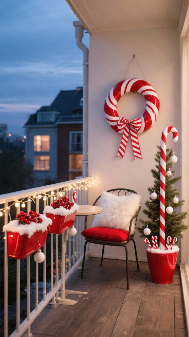 Photorealistic wide balcony shot at twilight featuring a candy cane theme: balcony railing wrapped with red-and-white striped ribbon and twinkle lights; two narrow hanging planters filled with faux snow, red berries, and tiny white ornaments; a compact bistro chair with a red cushion and a white faux-fur pillow; a slim pencil tree in a glossy red planter decorated only with white ornaments and candy cane picks; a bold peppermint wreath with striped ribbon tails on the wall. High-contrast reds and whites, glossy finishes, graphic and cheerful vibe.