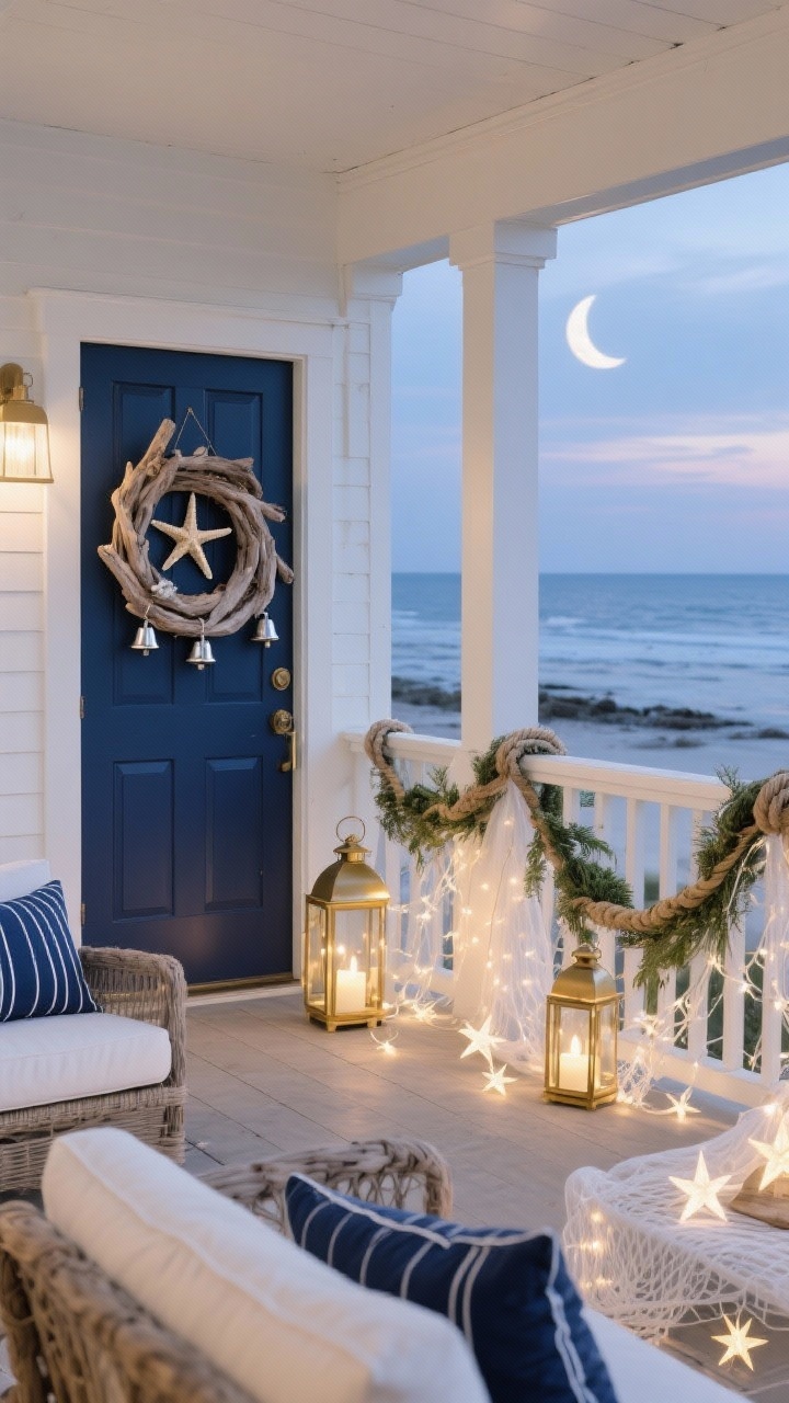 Photorealistic wide coastal porch scene at dusk: navy, white, and driftwood tones; a driftwood wreath on the door with starfish and small silver bells; railing wrapped with greenery and rope accents; brass lanterns glowing softly; navy-striped pillows on outdoor seating; soft white fairy net lights and a few star-shaped lanterns suggest moonlight on water; palette navy, white, driftwood, soft gold; airy coastal vibe.