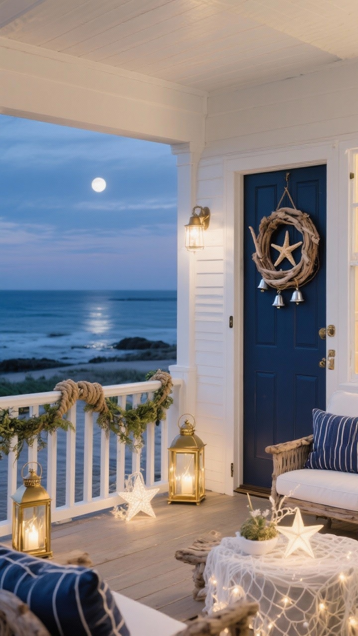 Photorealistic wide coastal porch scene at dusk: navy, white, and driftwood tones; a driftwood wreath on the door with starfish and small silver bells; railing wrapped with greenery and rope accents; brass lanterns glowing softly; navy-striped pillows on outdoor seating; soft white fairy net lights and a few star-shaped lanterns suggest moonlight on water; palette navy, white, driftwood, soft gold; airy coastal vibe.