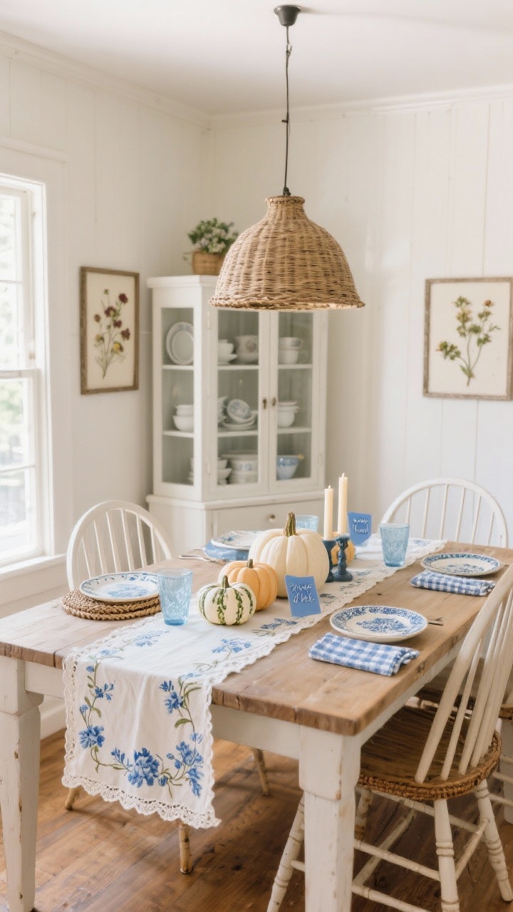 Photorealistic wide dining nook scene, three-quarter corner angle. A farmhouse table with spindle-back chairs sits beneath a wicker pendant light. Down the center, a long linen or lace table runner holds pumpkins painted with a soft buttermilk base and Delft-blue florals, delicate vines, and scalloped borders, interspersed with mismatched antique plates and pale blue glass tumblers. In the background, a glass-front hutch with whiteware; accents include pressed flowers in frames, gingham napkins, simple tapered candles, and hand-lettered cobalt place cards. Warm white lighting for cozy cottagecore ambiance, color palette of buttermilk, Delft blue, warm white, natural rattan.
