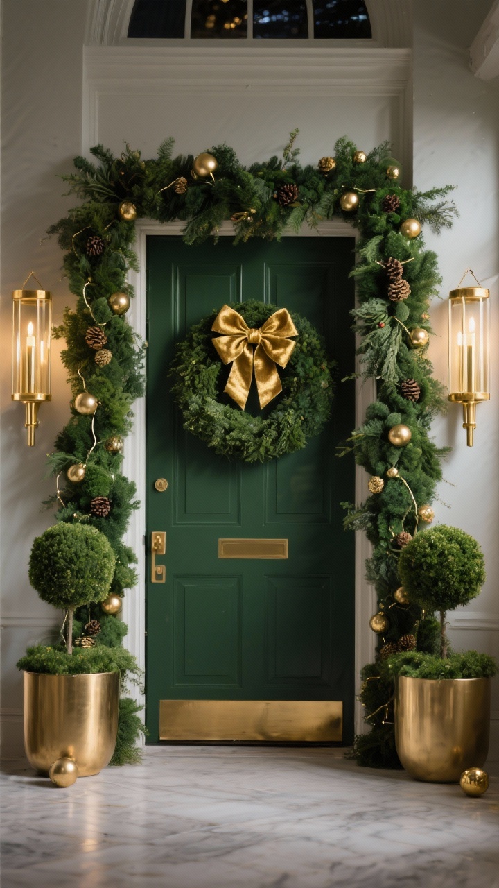 Photorealistic wide entryway shot with glam gold and monochrome greenery at evening: doorway framed by a lush all-green garland (no berries or pinecones), rich layers of textured greens; slim gold taper lanterns on either side providing vertical shine; a matte green wreath centered with a single oversized gold velvet bow; two brushed gold cachepots holding small topiary spheres; brushed brass baubles subtly wired into the garland. Sophisticated, polished, calm green base with luxe gold accents.
