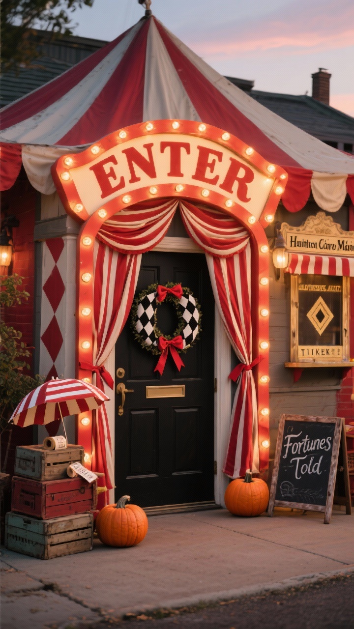 Photorealistic wide exterior shot, straight-on, of a Haunted Carnival Marquee entry: door framed in bold red-and-cream striped fabric swag; arched DIY light-up marquee sign spelling “ENTER” with warm bulbs glowing; a black-and-white harlequin wreath centered on the door with ribbon tails; props scattered—stacked crates, a vintage ticket roll, a small striped umbrella; two striped pumpkins by the threshold; a weathered chalkboard sign reading “Fortunes Told”; soft dusk lighting with warm marquee bulbs as key light; patterns emphasized: stripes and harlequin diamonds; hint of a faux ticket booth window cling on the sidelight; color palette crimson, cream, black, gold; no people.