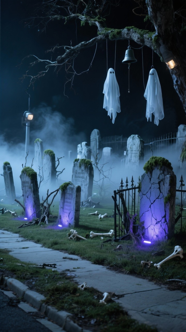 Photorealistic wide front-lawn scene at night: an ancient, abandoned graveyard with staggered heights of weathered foam tombstones covered in moss, dead branches, and scattered bones; low-lying fog creeping along the ground from a hidden fog machine; cold blue and purple uplights at the base of stones casting long, eerie shadows; two translucent ghost figures hung from tree branches with fishing line; a cracked, iron-look fence at the sidewalk set slightly askew; palette of stone gray, cold blue, ghostly white; hidden motion-sensor bell toll implied; cinematic moody atmosphere, no people.