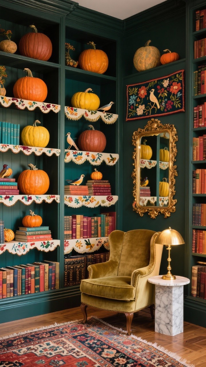 Photorealistic wide library scene, straight-on composition with layered depth. Between towering floor-to-ceiling bookcases, display pumpkins painted in rich clay, mustard, teal, and paprika, layered with tapestry-inspired folk-art florals, small birds, and scalloped borders in cream and berry; some perched on stacked hardcovers. Include a velvet wingback chair, brass floor lamp, marble side table, a patterned kilim rug, and an ornate gilt frame mirror reflecting color. Warm, cozy ambient lighting with golden highlights; maximalist, collected atmosphere emphasizing saturated hues and textile textures.