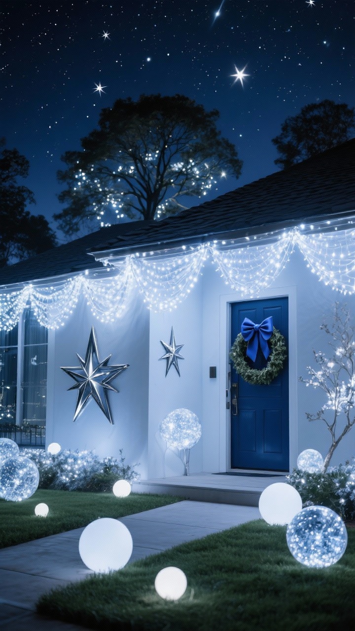 Photorealistic wide night exterior under a starry concept: roofline and trees draped with cool white micro-LED light curtains and net lights; starburst light spheres in varying sizes floating over the lawn; metal star silhouettes mounted against the house; a sleek wreath on the door tied with a midnight blue bow; palette midnight blue, silver, cool white; serene, celestial ambience with layered star shapes and icy shimmer.