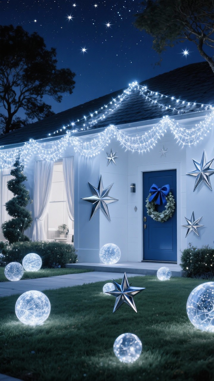 Photorealistic wide night exterior under a starry concept: roofline and trees draped with cool white micro-LED light curtains and net lights; starburst light spheres in varying sizes floating over the lawn; metal star silhouettes mounted against the house; a sleek wreath on the door tied with a midnight blue bow; palette midnight blue, silver, cool white; serene, celestial ambience with layered star shapes and icy shimmer.