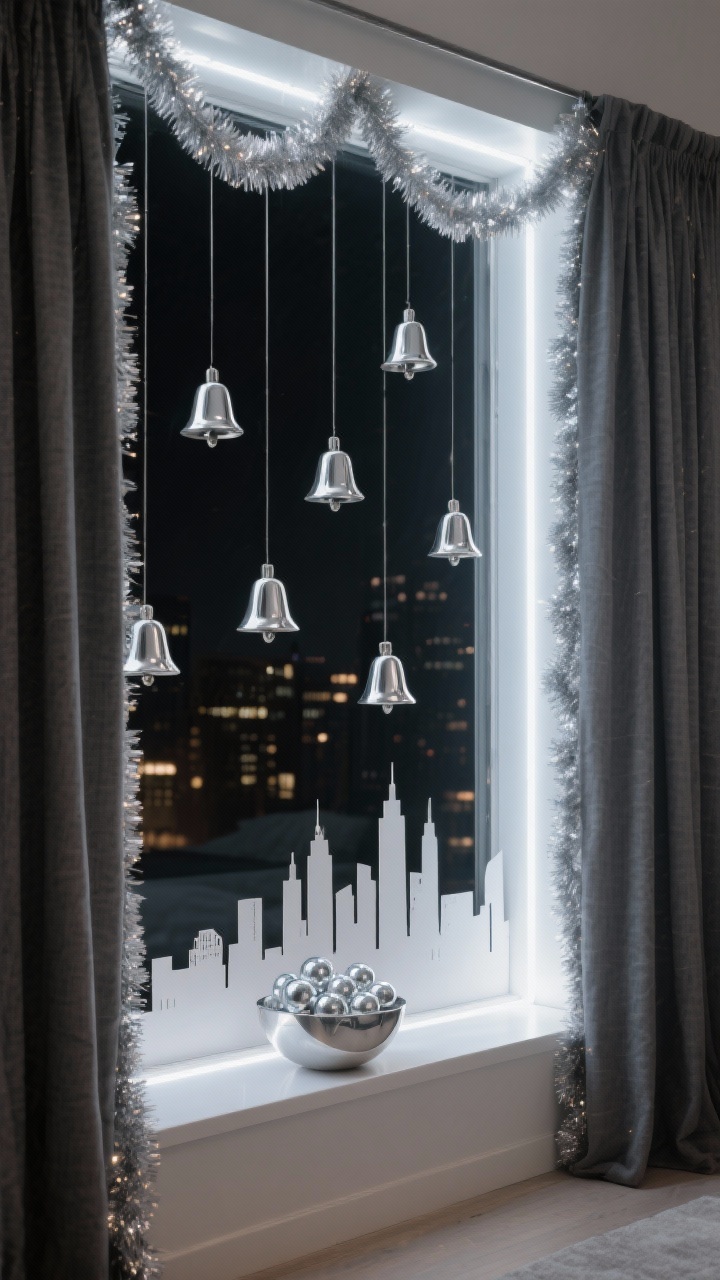Photorealistic wide night shot of a “Silver Bells Cityscape” window: charcoal linen drapes, slim silver tinsel garland tracing the frame. Chrome and matte silver bells hanging at staggered lengths creating movement. A simple paper city skyline cutout propped along the sill, backlit by concealed LED strips to create a luminous silhouette. Minimalist styling with a single silver bowl of clear glass baubles. Palette: charcoal, pewter, bright silver, warm white light; sleek metropolitan mood.