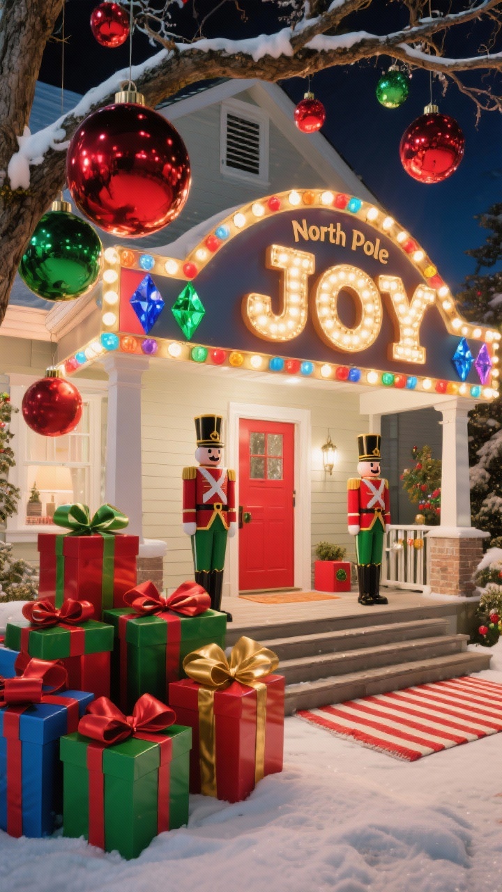 Photorealistic wide, playful Toyland exterior at night: giant glossy ornaments hanging from tree branches and porch beams; oversized gift boxes clustered on the steps with big ribbon bows; a toy soldier pair flanking the entry; multicolor faceted bulbs outlining the porch; marquee “JOY” letters glowing; “North Pole” sign near a striped rug; palette primary red, green, blue with gold; bold, whimsical scale.