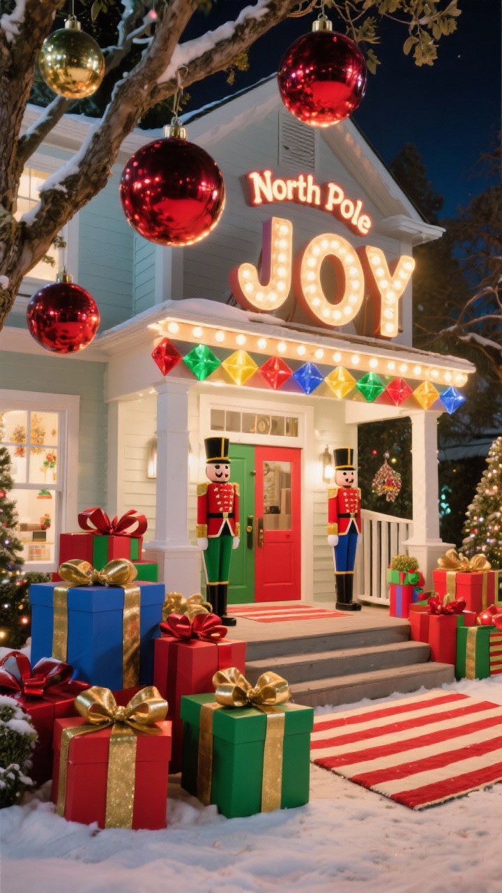 Photorealistic wide, playful Toyland exterior at night: giant glossy ornaments hanging from tree branches and porch beams; oversized gift boxes clustered on the steps with big ribbon bows; a toy soldier pair flanking the entry; multicolor faceted bulbs outlining the porch; marquee “JOY” letters glowing; “North Pole” sign near a striped rug; palette primary red, green, blue with gold; bold, whimsical scale.