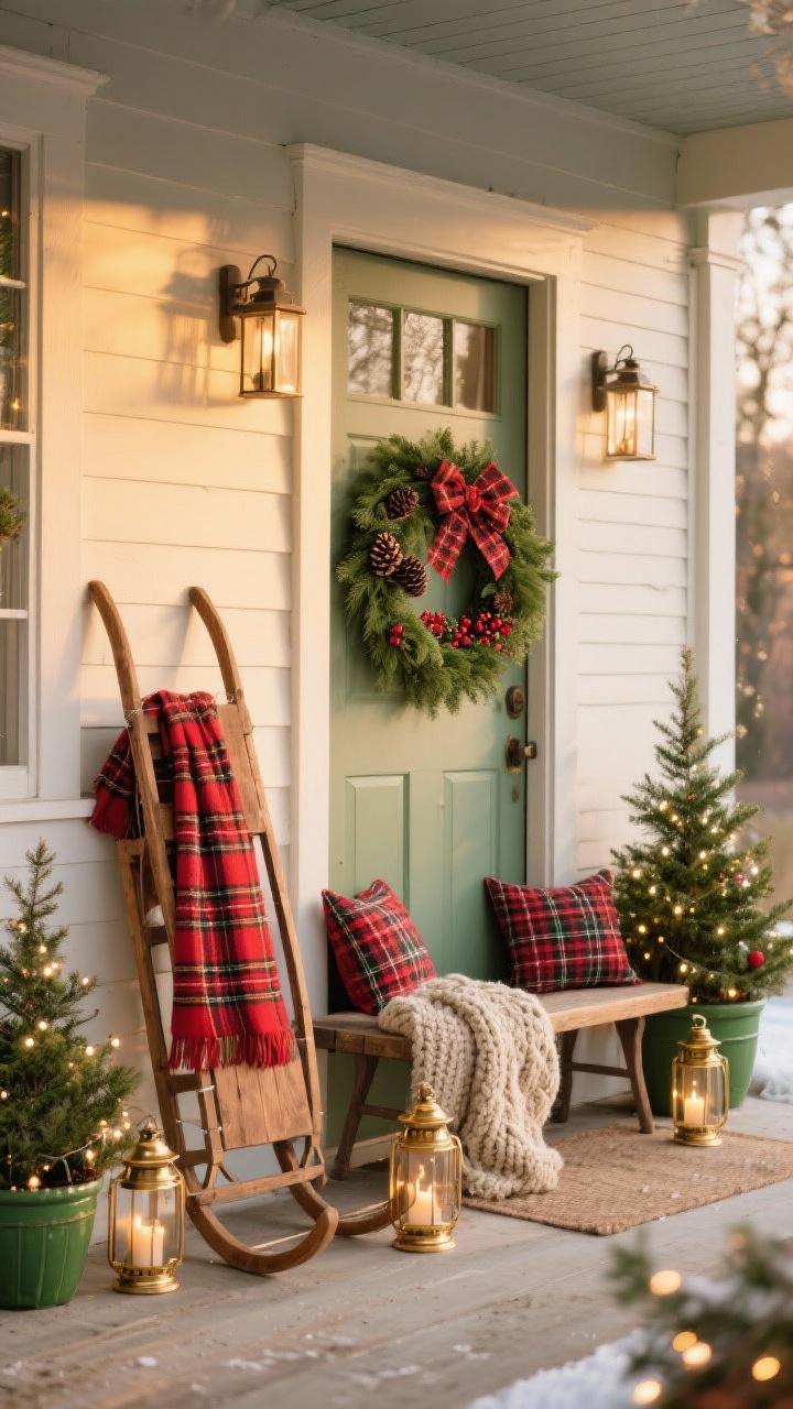 Photorealistic wide porch scene with classic plaid nostalgia at golden hour: a vintage wooden sled propped against the wall, wrapped with a red plaid scarf; door flanked by two small fraser firs in apple-green planters strung with clear mini lights; a mixed-green wreath with pinecones, red berries, and a plaid bow on the door; a narrow farmhouse bench with two plaid pillows and a chunky knit throw; a pair of brass lanterns on the floor casting soft candlelight. Traditional Christmas palette, layered textures, warm and sentimental.