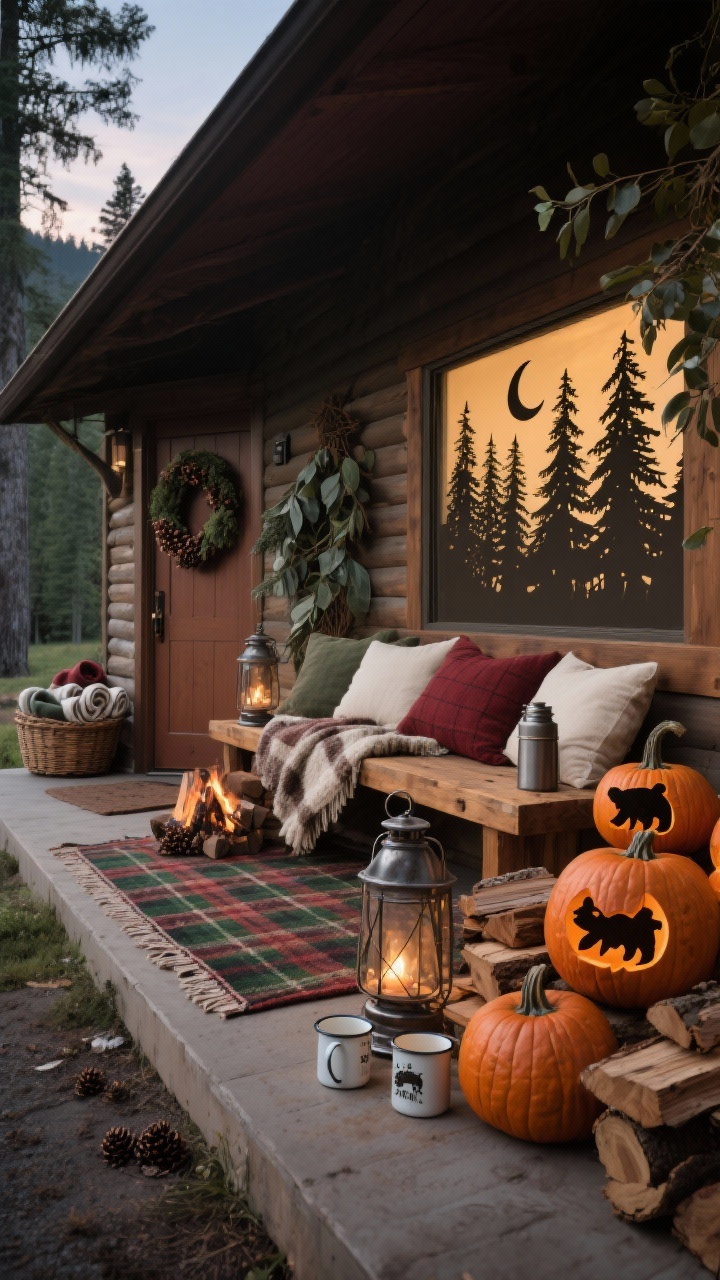 Photorealistic wide porch scene with Rustic Lodge vibes: plaid outdoor rug, wooden bench layered with wool camp blankets and pillows, metal-frame lanterns, stacked firewood, enamel mugs and a vintage thermos. Clustered pumpkins carved with bold forest silhouettes—pine trees, a bear, a crescent moon—designed with large negative spaces for readability from the street. Eucalyptus and pinecone wreath on the door, basket of rolled blankets nearby. Dusk lighting casting shadowy woodland scenes; colors of forest green, oxblood, bark brown, and cream; inviting cabin mood, angled from the porch corner.