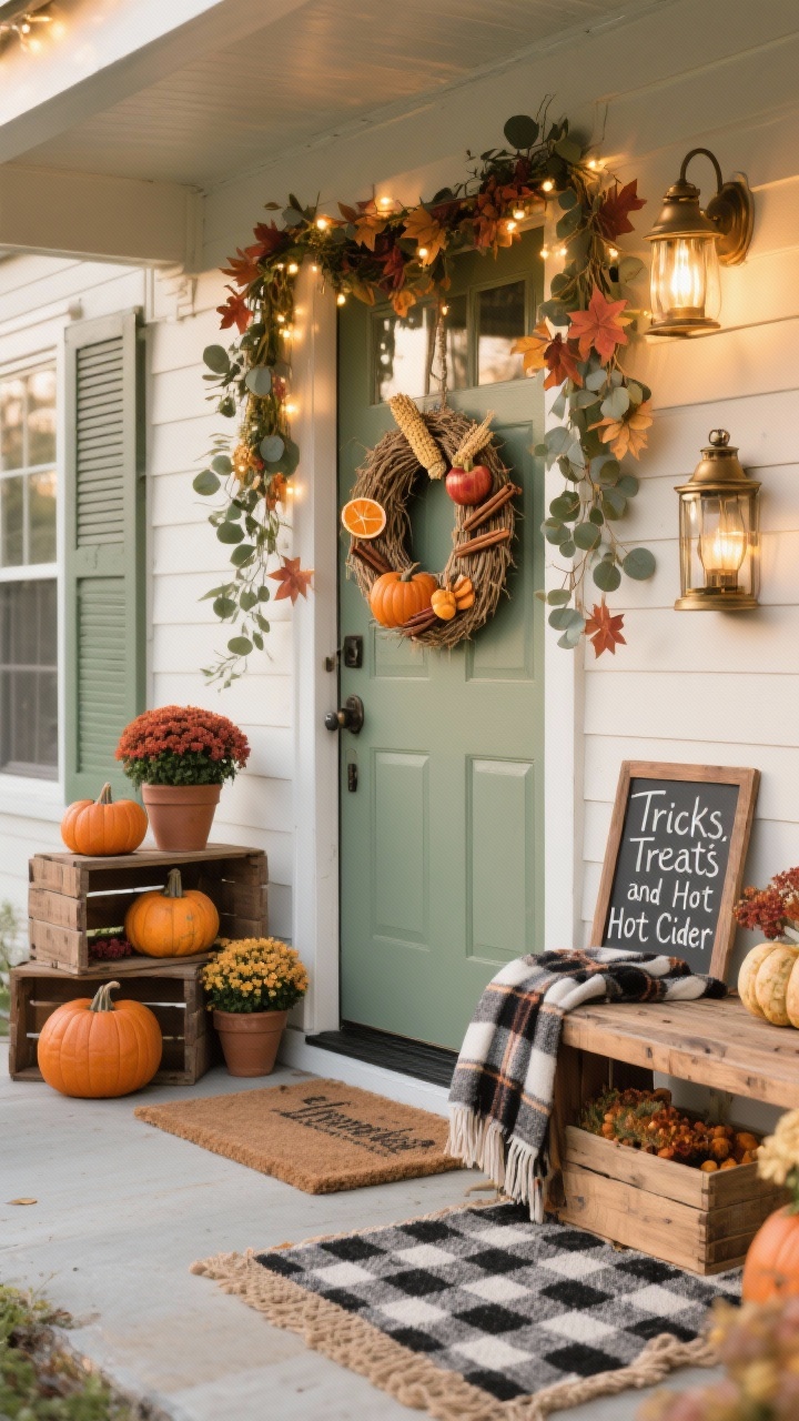 Photorealistic wide porch shot from a slight corner angle showing a sage front door with a woven corn-husk wreath decorated with dried orange slices, cinnamon sticks, and mini pumpkin picks; wooden apple crates stacked at varying heights display heirloom pumpkins (Cinderella, Jarrahdale) and pots of mums; a garland of eucalyptus and faux maple leaves runs around the doorframe with tiny warm-white fairy lights woven through; a rustic bench draped with plaid throw blankets sits beside a layered jute doormat over a black-and-ivory buffalo-check rug; include bronze lanterns; a small chalkboard sign by the door reads “Tricks, Treats, and Hot Cider”; warm porch light at golden hour; palette: cream, sage, rust, butterscotch, warm wood.
