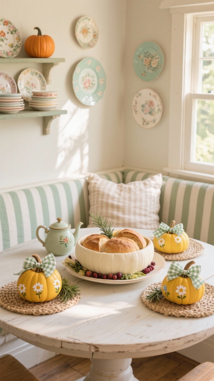 Photorealistic wide shot, Cozy Cottage Kitchen Nook: sunny breakfast corner with a round farmhouse table, built-in bench seating with a ticking stripe cushion, and light streaming through a nearby window. On the table, a shallow bread bowl centerpiece cradles cream, sage, and butter-yellow painted pumpkins, each hand-painted with tiny florals—daisies, rosemary sprigs, and soft berries—tied with gingham ribbon bows at the stems. Woven placemats, a vintage teapot, and a stack of mismatched floral plates sit on a shelf in the background. A small wall plate gallery of pastel dishes echoes the pumpkin palette. Warm, welcoming, cinnamon-and-toast vibe, natural morning light; no people.