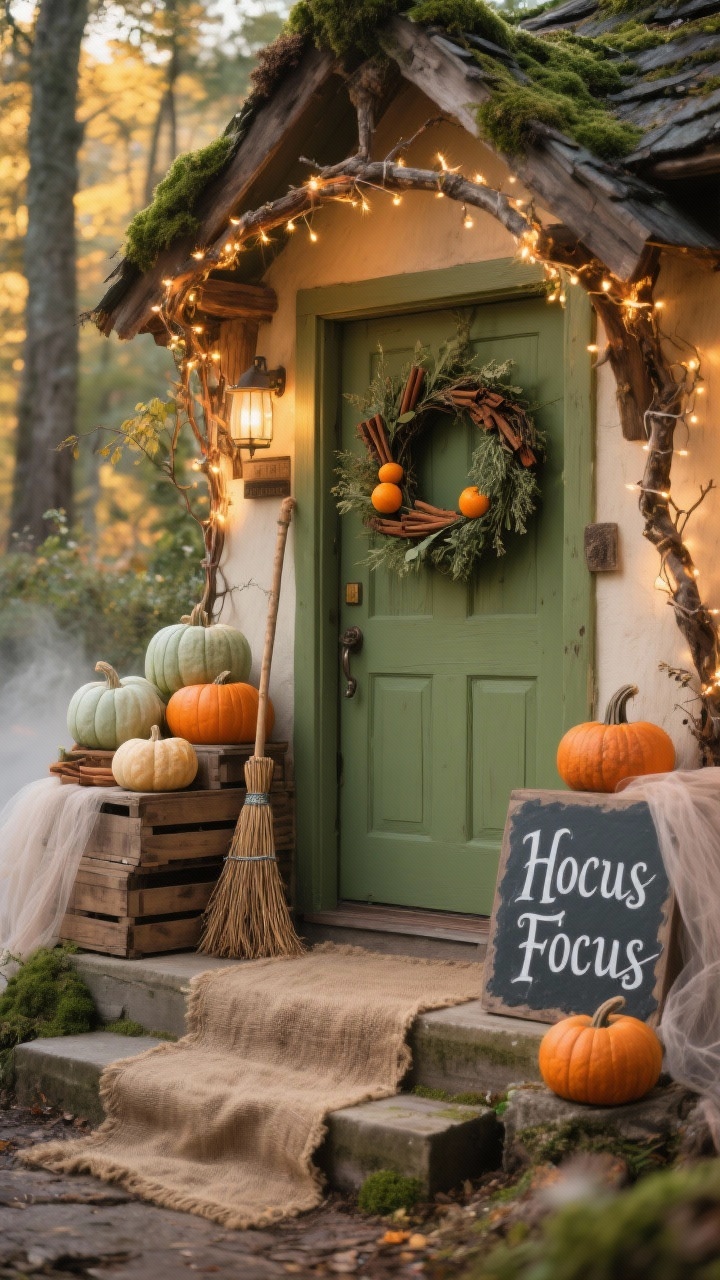 Photorealistic wide shot of a bewitched cottage entry, corner angle; mossy green door with a dried herb wreath accented by clove-studded oranges and cinnamon sticks; warm fairy lights woven through a rustic branch arch overhead; pumpkins in sage, cream, and muted orange clustered on stacked wooden crates; soft gauze draped like fog along the steps; burlap runner on the stoop and a hand-lettered slate sign reading “Hocus Focus”; a simple straw broom leaned casually against the frame; warm, cozy golden-hour lighting, woodland whimsy mood.