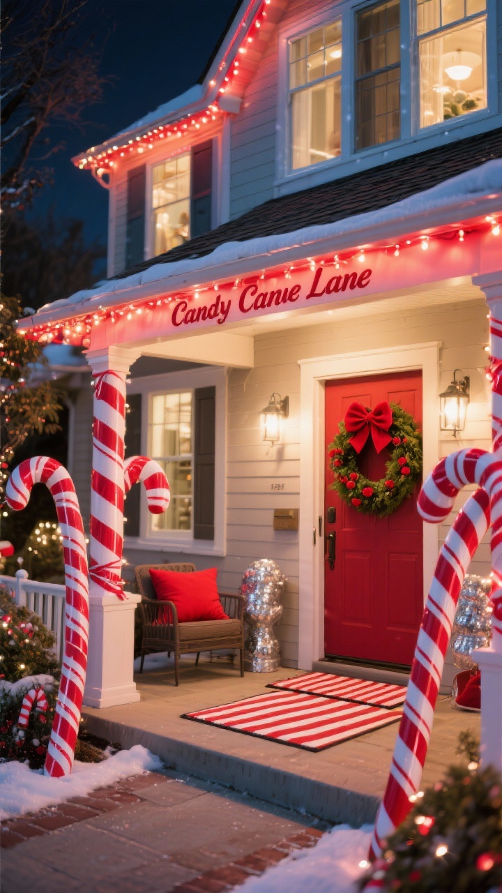 Photorealistic wide shot of a cheerful “Candy Cane Lane” porch at night: roofline and window frames outlined with alternating red-and-white lights; porch columns wrapped like candy canes with striped ribbon and bright lights; oversized candy cane props marching along the walkway; a peppermint wreath with a red velvet bow on the door; striped doormat and red outdoor pillows; hint of silver accents; playful, high-saturation glow.