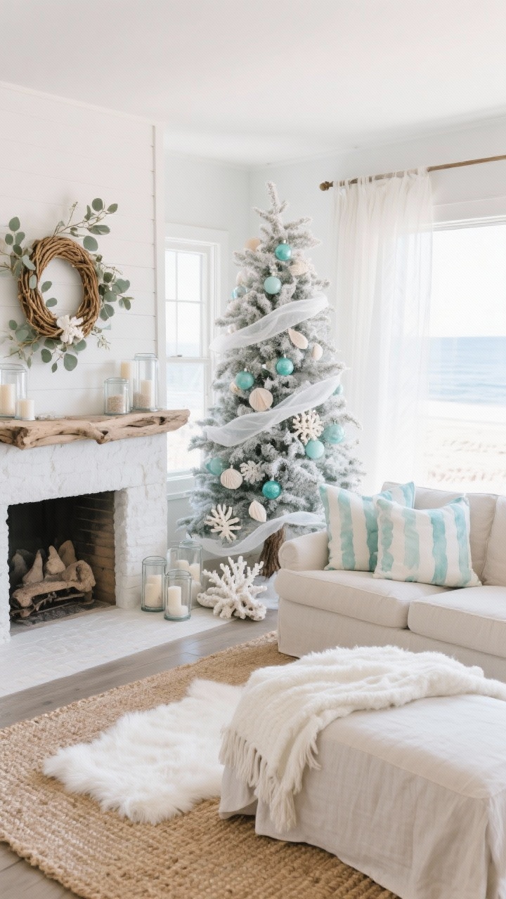 Photorealistic wide shot of a coastal-inspired living room bathed in airy natural light; flocked tree dressed in sea glass tones—pale aqua ornaments, pearly shells, white coral accents—with a light wood or rattan tree collar and gauzy sheer ribbon; layered jute rug with a white faux fur throw rug; linen slipcovered seating with watercolor stripe pillows; mantel styled with driftwood, frosted eucalyptus, and glass hurricanes filled with sand and candles; rope-wrapped wreath; serene winter beach house vibe.