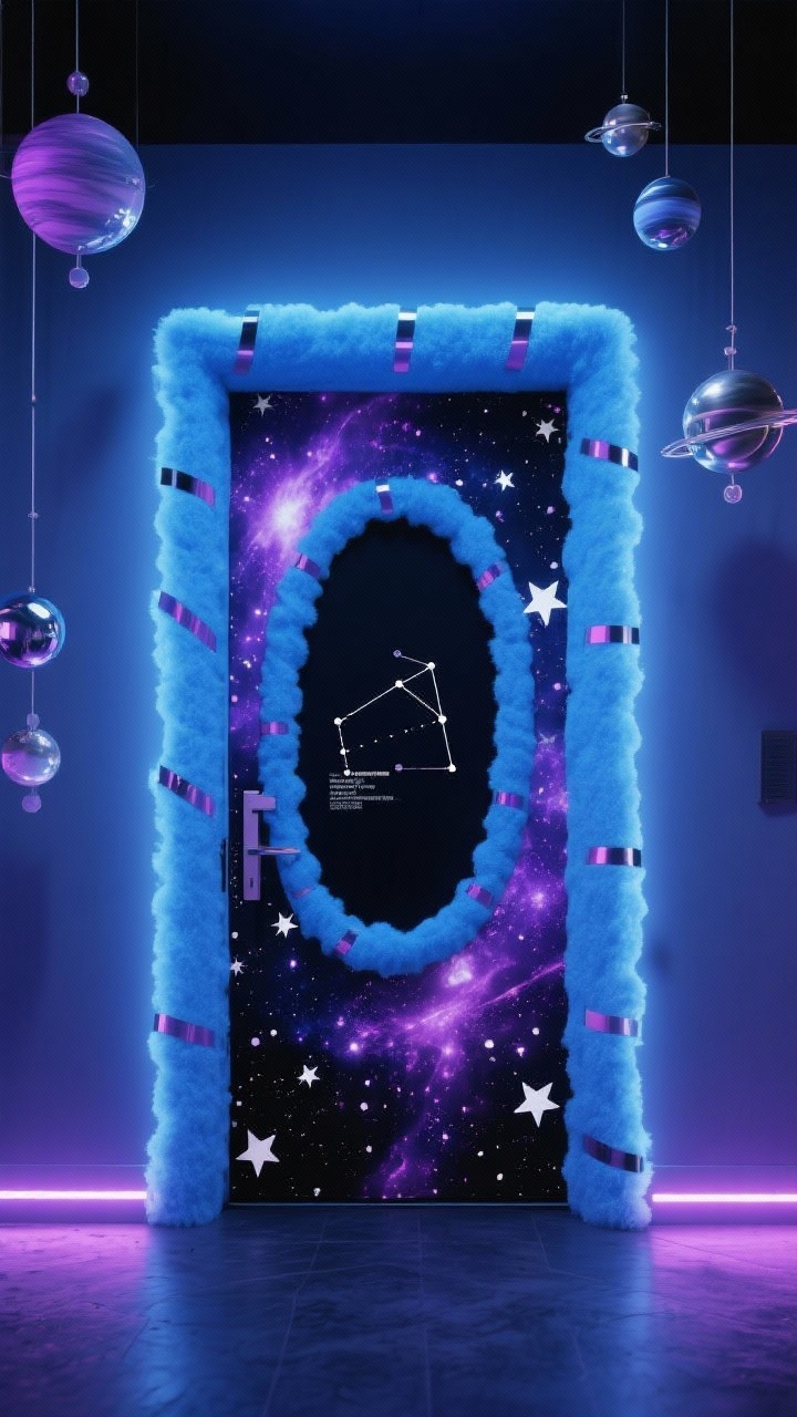 Photorealistic wide shot of a cosmic portal entrance at night, straight-on; door wrapped in galaxy-print film with splattered white stars and violet nebulae; UV-reactive tape edges the frame; a lightweight foam portal ring painted electric blue encircles the door; black mat printed with a tiny constellation map; blacklight strips tucked under the lintel create a glowing ultraviolet aura; palette of indigo, ultraviolet, and silver; floating planet mobiles hang on nearly invisible fishing line; crisp, surreal neon nightscape.