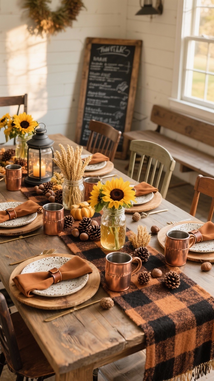 Photorealistic wide shot of a farmhouse Thanksgiving table: buffalo check runner in black and tan (or warm rust), speckled stoneware plates on round wood chargers, hammered copper mugs for cider; mason jars filled with sunflowers and millet, copper lanterns, scattered acorns and pinecones as approachable centerpiece; caramel-colored napkins with leather napkin rings; mixed seating with slat-back chairs and a farmhouse bench; a chalkboard-style menu leaning at one end; palette tan, caramel, black, copper; golden late-afternoon light, slightly angled view.