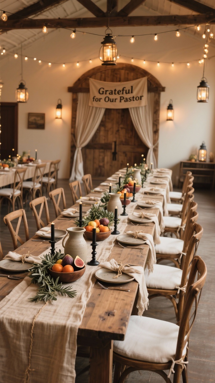Photorealistic wide shot of a fellowship hall banquet, slightly elevated angle: long farmhouse tables draped in natural flax linen, layered with warm beige cheesecloth table runners; centerpieces of ceramic pitchers, eucalyptus garlands, and low bowls of seasonal fruit in wine, fig, and amber tones; matte black candlesticks spaced along the tables; place settings with stoneware plates, linen napkins tied with twine and a sprig of rosemary; cross-back wood chairs with ivory cushions; backdrop wooden arch with draped chiffon and a “Grateful for Our Pastor” banner; warm café string lights overhead and lanterns tucked around the room; cozy, rustic glow, no people.
