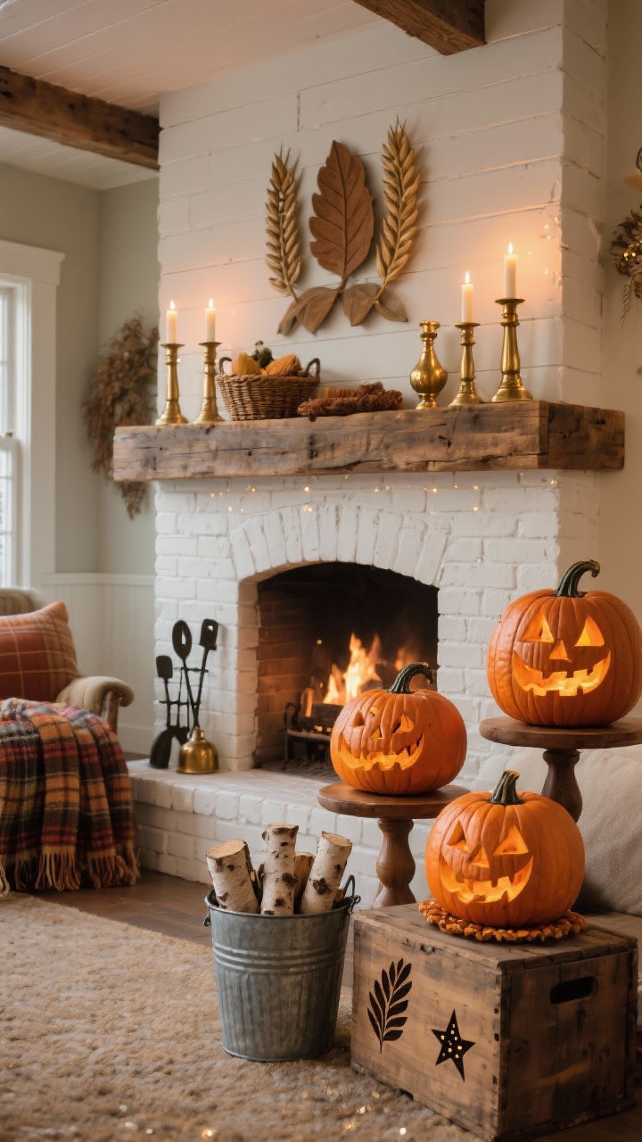 Photorealistic wide shot of a Harvest Farmhouse Hearth: a white-painted brick fireplace with a chunky reclaimed wood mantel, antique brass candlesticks flickering, a basket of plaid wool throws, galvanized bucket with birch logs, and iron fireplace tools. Layered carved pumpkins in a warm amber glow sit on wooden cake stands and a vintage crate for height, featuring classic jack-o’-lantern faces plus leaf and wheat silhouette carvings and star-drilled patterns that twinkle against brass. Palette of cream, caramel, russet, and brass; cozy textures and evening indoor lighting, straight-on perspective.