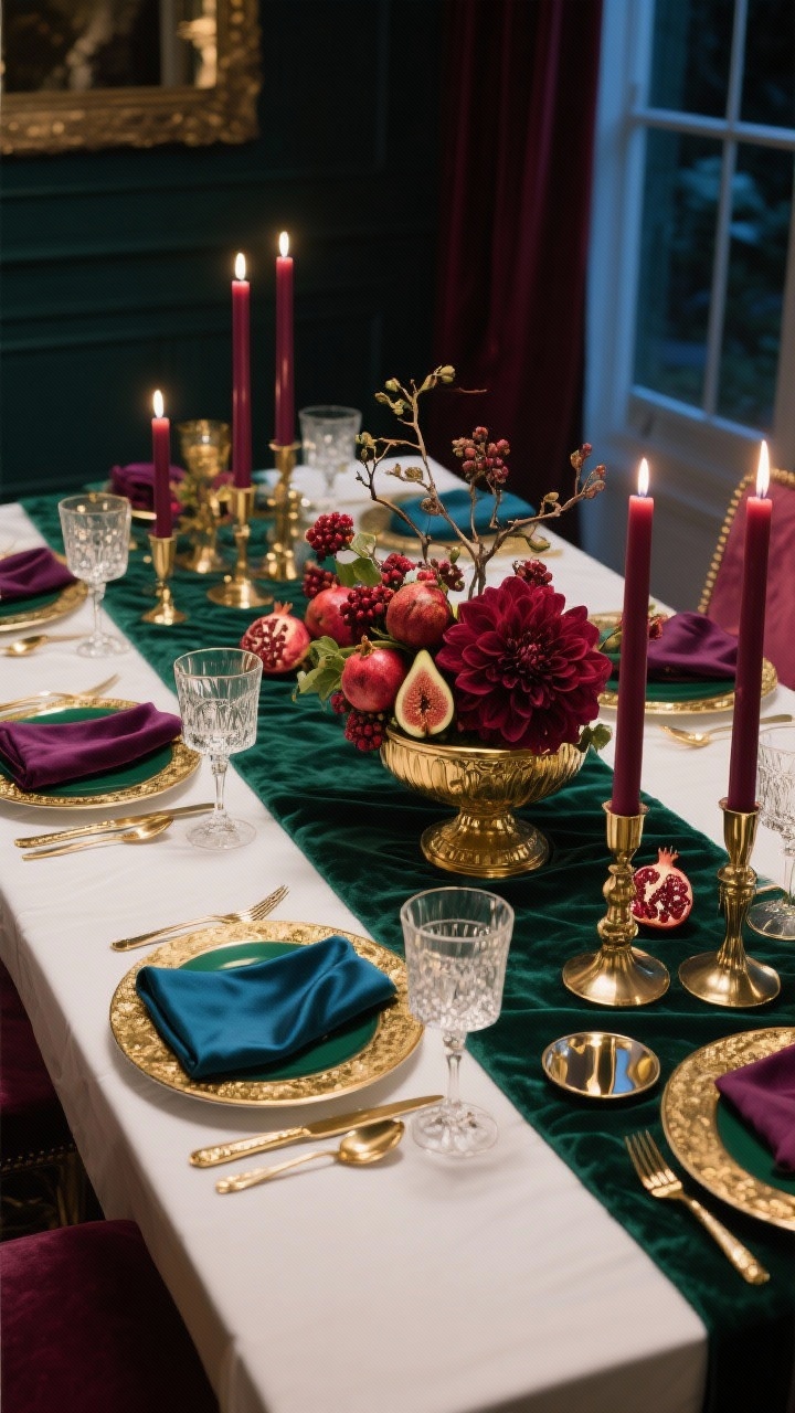 Photorealistic wide shot of a luxe jewel-tone glam dining table: deep emerald velvet runner over a crisp white tablecloth, gold-rimmed plates, cut-crystal goblets, and gold flatware; low gold compotes filled with burgundy dahlias, fig branches, and pomegranate clusters form the centerpiece; tall wine-colored taper candles in mixed-height holders; velvet napkins in sapphire and plum; emerald, plum, burgundy, and gold palette; subtle mirrored coasters reflecting candlelight; evening scene with rich, dramatic glow, captured from a corner angle.