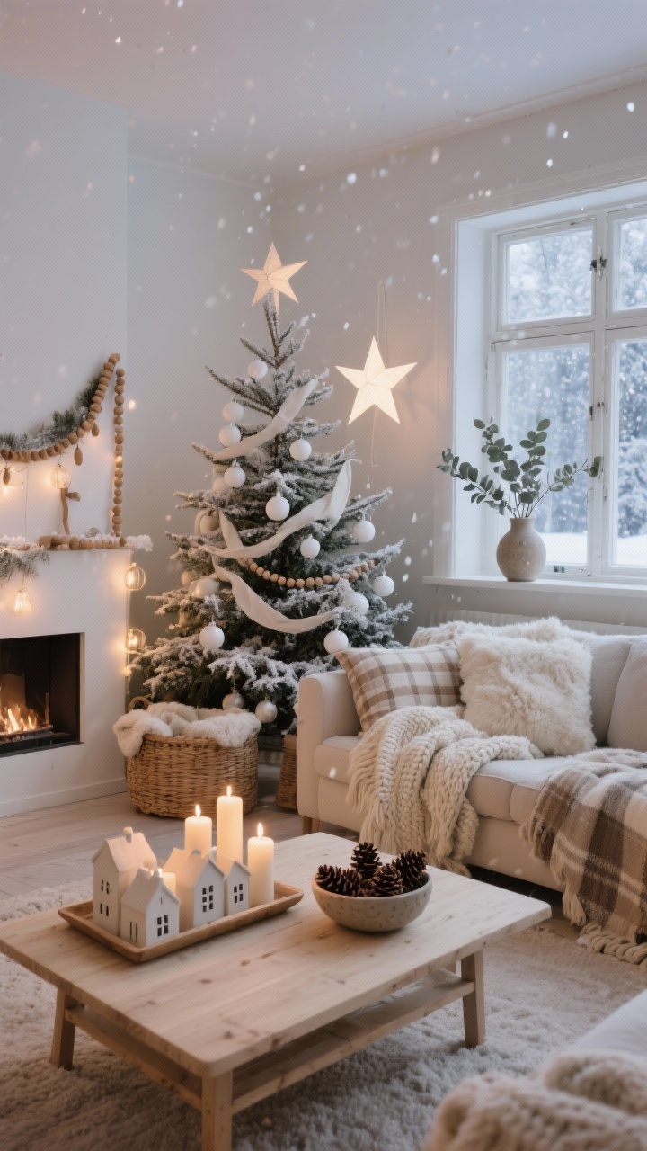 Photorealistic wide shot of a Nordic Hygge living room at dusk, palette of soft whites, warm beiges, and pale woods; a flocked fir tree with matte white baubles, wooden bead garlands, linen ribbon, and warm subtle lights; light wood coffee table styled with a tray of pillar candles, a ceramic house village, and a bowl of pinecones; sofa layered with chunky knit throws, faux shearling pillows, and a neutral plaid; woven basket of blankets by a simple fireplace; minimalist paper star in the window and eucalyptus sprigs in stoneware vases; serene, calm ambience with gentle snowfall glow through the window.