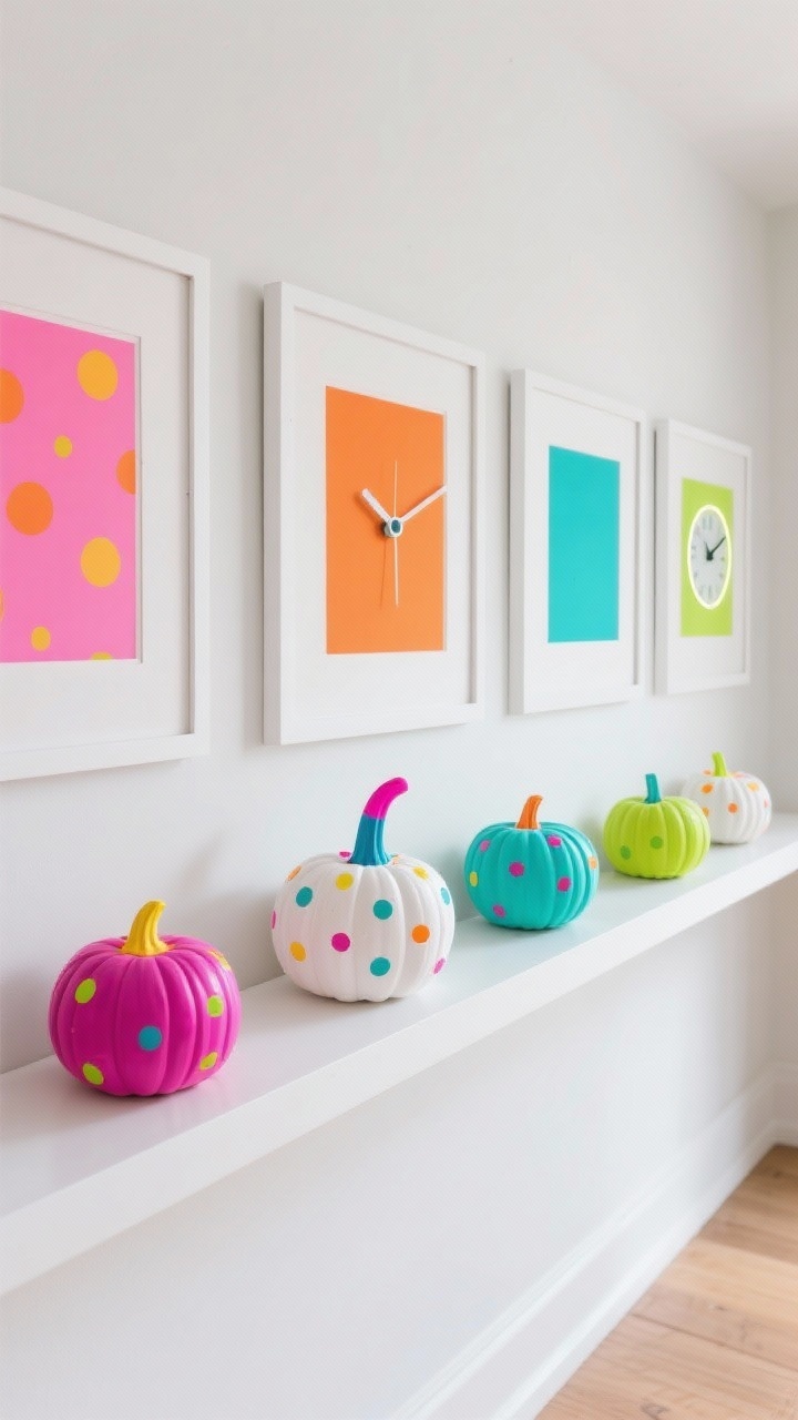 Photorealistic wide shot of a playful gallery picture ledge: bright prints in white frames and a tiny neon clock. Five mini pumpkins painted pure white with confetti dots in candy brights—magenta, tangerine, aqua, lime—varying dot sizes for a lively rhythm. Alternate pumpkins between frames; one pumpkin features a color-blocked stem for a quirky twist. Clean, even daylight; joyful, modern look with graphic punch.