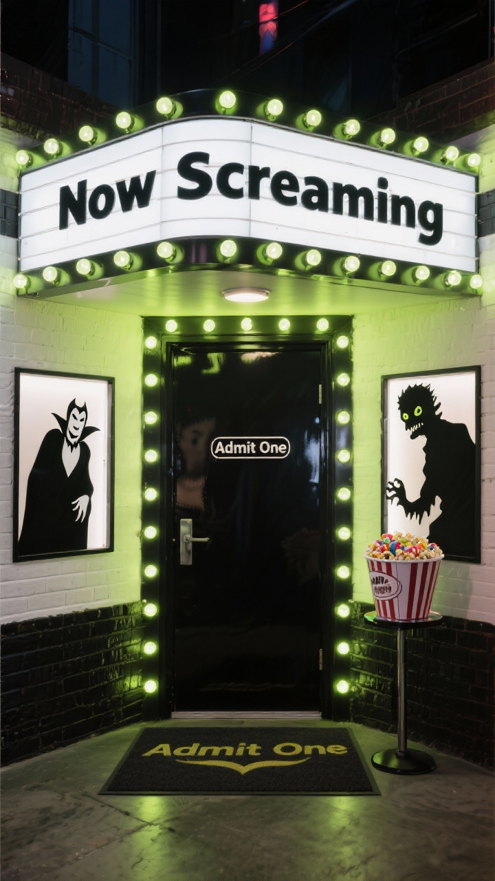 Photorealistic wide shot of a retro monster movie marquee entry, straight-on; door wrapped in glossy black vinyl with a bold white marquee header above reading “Now Screaming” in black stick-on letters; globe string lights border the frame like marquee bulbs; silhouette cutouts of Dracula, the Bride of Frankenstein, and a Creature from the Lagoon fill sidelights/windows; an “Admit One” mat at the base; colors in black, white, and acid-lime accents; a popcorn bucket filled with candy on a small stand; bright, punchy nocturnal lighting with high contrast.