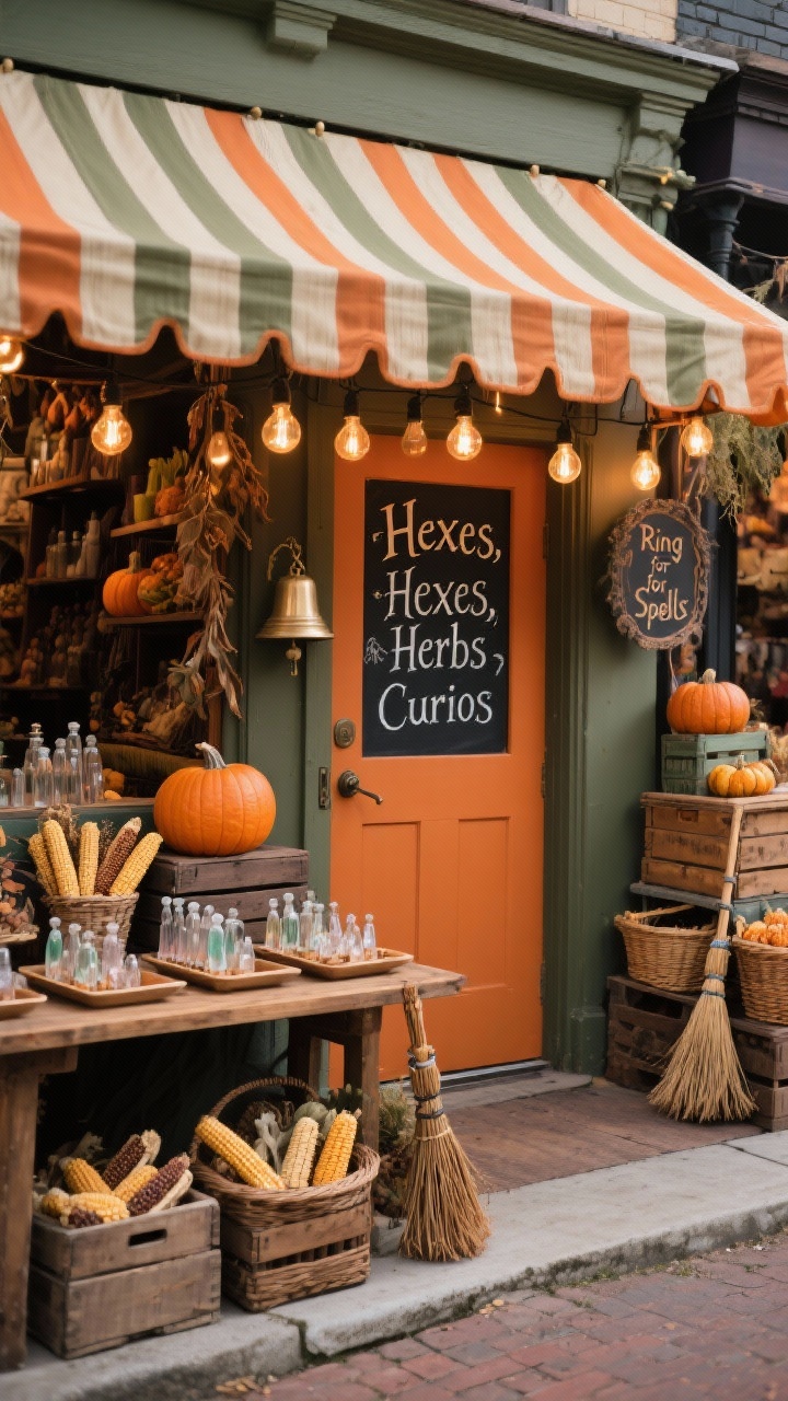 Photorealistic wide shot of a witch market stall stoop, straight-on; striped fabric awning on simple dowels over the entry; warm pumpkin spice-painted door with a chalkboard sign that reads “Hexes, Herbs, Curios”; a wooden table arranged with trays of crystal vials, dried corn, and mini brooms; layered crates and baskets at varying heights for market texture; Edison string lights draped from the awning casting warm glow; color palette of burnt orange, olive, black, and cream; a small bell by the door labeled “Ring for Spells”; bustling, harvest-shop ambiance.