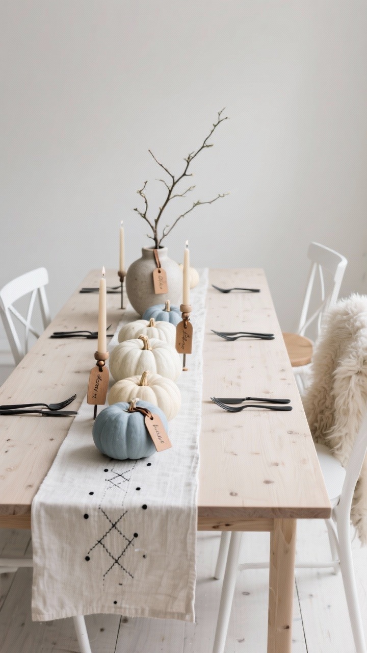 Photorealistic wide shot, Scandinavian Minimal Dining Scene: pale oak dining table with a barely-there linen runner, white wishbone chairs, airy neutral palette. Down the runner, staggered clusters of pumpkins painted soft oat, cloud white, and fog blue, detailed with tiny graphite dots and delicate cross-stitch patterns referencing Nordic textiles. Each stem has a thin leather strap with small wooden bead tags for handwritten place names. Tablescape includes a single branch in a stoneware vase, matte black flatware, and sand-colored taper candle holders. One chair draped with a sheepskin for hygge. Calm, intentional, natural diffuse light; no people.