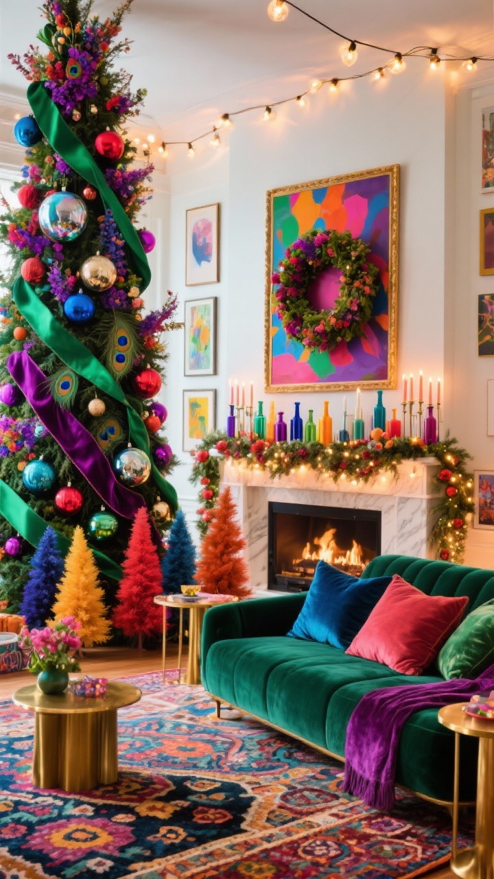 Photorealistic wide, slightly low-angle shot of a bold maximalist living room; tall tree saturated with deep velvet ribbons (emerald, sapphire, amethyst, ruby), oversized glass ornaments, and dramatic peacock-hued floral picks; multiple strings of warm lights; velvet sofa or jewel-toned pillows, statement patterned rug, brass side tables; mantel styled with colorful bottlebrush trees, layered garlands, and mix-and-match taper candleholders; bold wreath framed by saturated artwork for a gallery-like moment; vibrant, festive brilliance.