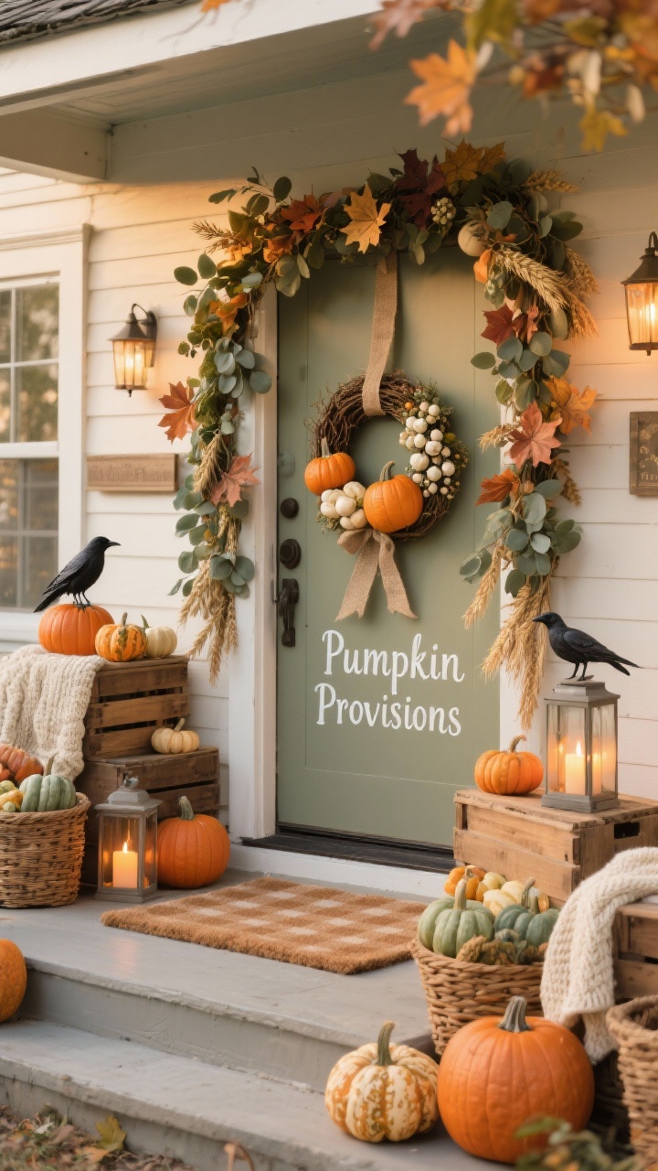 Photorealistic wide stoop scene of a Cottagecore Pumpkin Patch, taken at a soft golden-hour angle: doorframe wrapped in a mixed foliage garland of eucalyptus, maple leaves, and wheat; a pumpkin wreath featuring mini heirloom pumpkins, cream berries, and burlap ribbon on the door; cozy vignette with stacked wooden crates, knitted throws, and baskets of assorted gourds; lanterns with soft amber candles glowing; a hand-painted sign reading “Pumpkin Provisions”; a gingham runner rug layered over the doormat; color palette soft orange, cream, sage, caramel; materials burlap, wood, woven baskets highlighted; a sleepy crow figurine perched on a crate; warm, inviting light; no people.