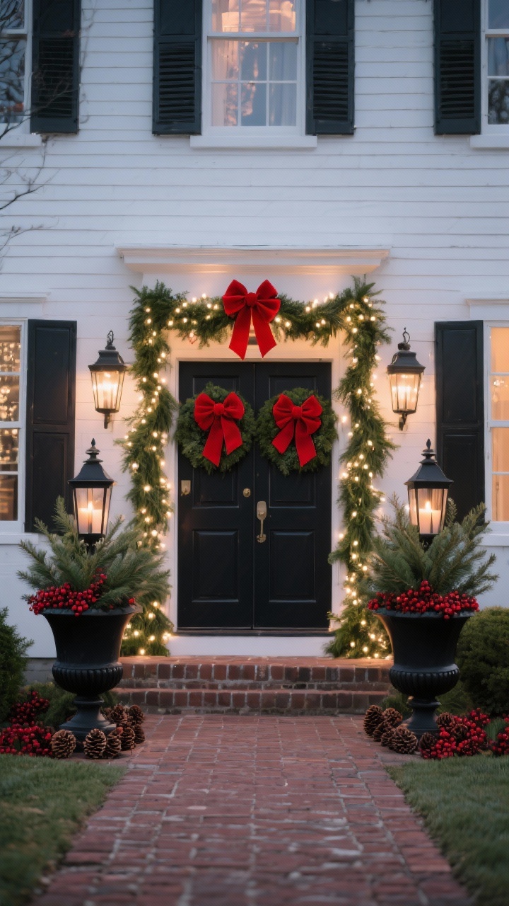 Photorealistic wide, straight-on exterior of a crisp white Colonial facade at dusk: thick evergreen garlands woven with warm white string lights frame the front door and windows; velvety red bows accent each garland and double-door wreaths with oversized red bows; black lanterns with flameless candles line the brick walkway; matching black urns flanking the door are stuffed with spruce, red berries, and pinecones; color palette red, green, white, black; soft warm glow, no people.