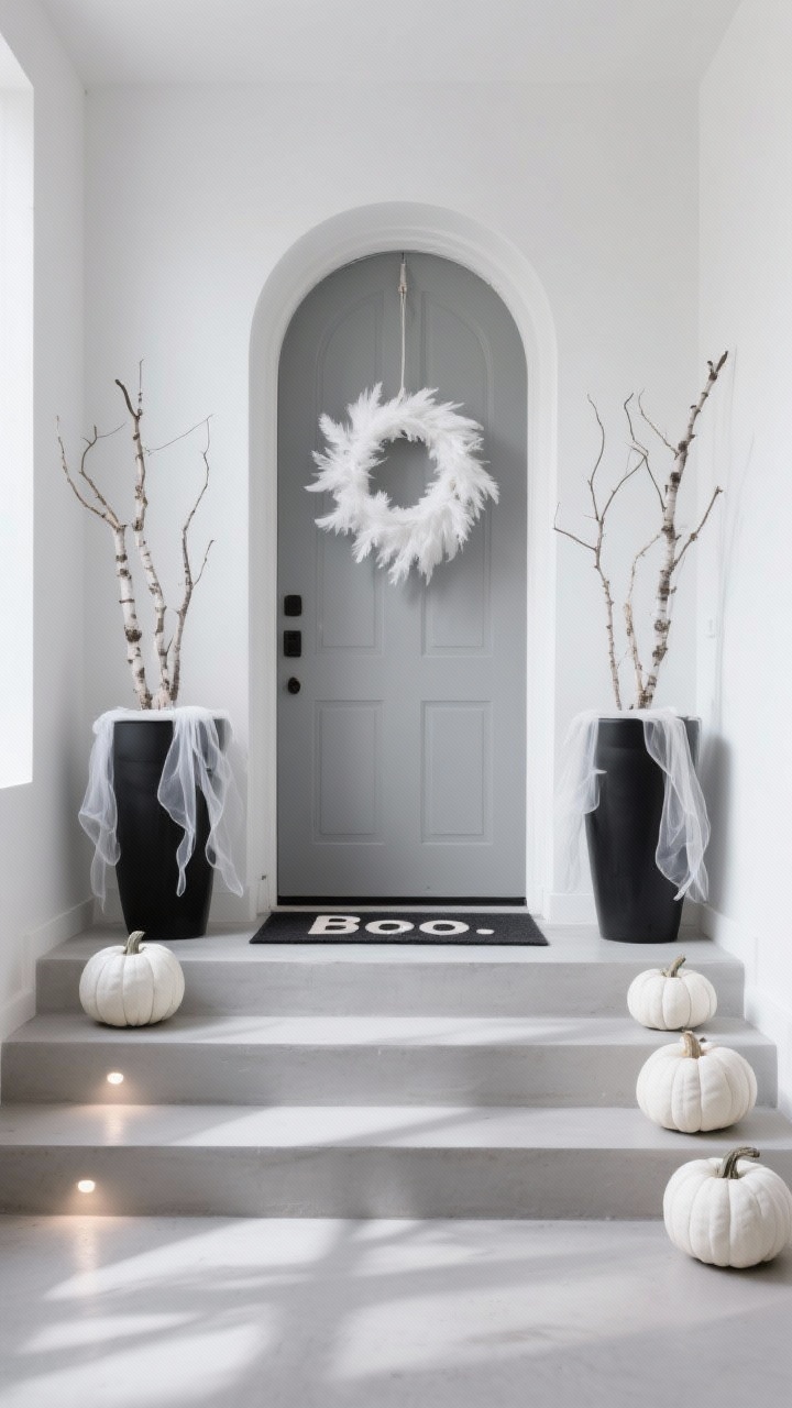 Photorealistic wide, straight-on minimalist composition of a soft fog gray door framed by a clean white arch; a single white-on-white wreath of feathers and gauzy cheesecloth hangs centered, gently moving; two tall matte-black planters flank the door, each holding bare birch branches with thin white fabric strands draped to mimic floating spirits; steps lined with uniform white pumpkins in graduated sizes form a balanced, gallery-like arrangement; hidden ground-level puck lights cast long, dramatic shadows across the door and pumpkins; a minimalist doormat reads “Boo.”; palette: white, fog gray, matte black; crisp, haunting, modern aesthetic.