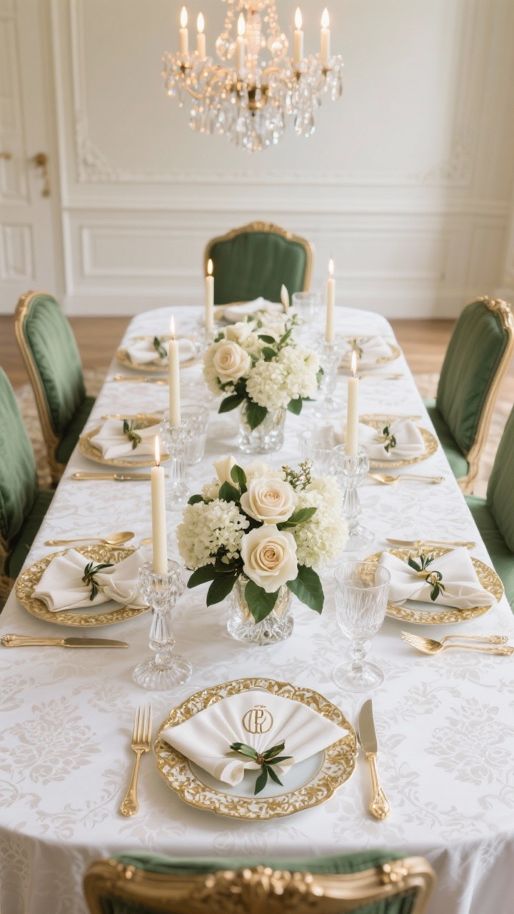 Photorealistic wide straight-on shot of a classic traditional dining table: crisp white damask tablecloth, heirloom china with gold filigree, polished gold flatware, and cut crystal stemware; symmetrical layout with two low floral arrangements (ivory roses, hydrangea, magnolia leaves) separated by crystal candlesticks with ivory tapers; monogrammed napkins folded into classic fans or in rings with laurel sprigs; palette ivory, gold, deep green; formal chairs with neat slipcovers and bows; bright but soft chandelier and candlelight combination.