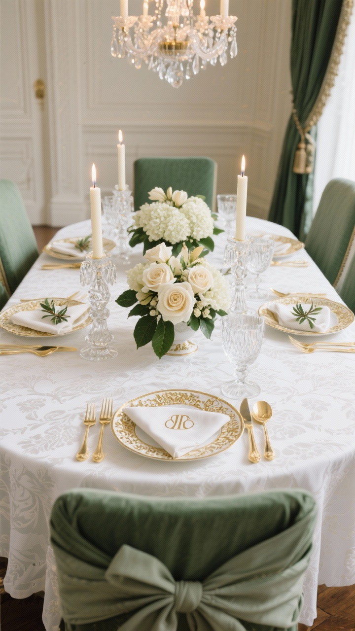Photorealistic wide straight-on shot of a classic traditional dining table: crisp white damask tablecloth, heirloom china with gold filigree, polished gold flatware, and cut crystal stemware; symmetrical layout with two low floral arrangements (ivory roses, hydrangea, magnolia leaves) separated by crystal candlesticks with ivory tapers; monogrammed napkins folded into classic fans or in rings with laurel sprigs; palette ivory, gold, deep green; formal chairs with neat slipcovers and bows; bright but soft chandelier and candlelight combination.