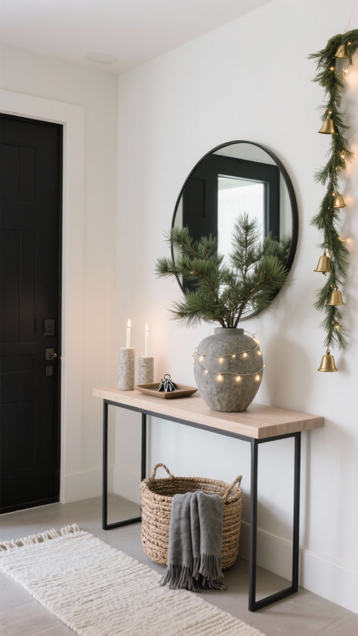 Straight-on entryway composition with negative space: streamlined black metal console with pale wood top, oversized round mirror above; architectural cedar/fir branches in a heavy stone vase, wrapped with a single string of battery micro-lights; pair of limestone taper holders lit; slim tray for keys, woven basket for scarves beneath, simple wool runner; thin brass bell garland hung vertically beside the mirror; palette black, stone, natural green; soft ambient glow in an otherwise minimal scene, photorealistic.