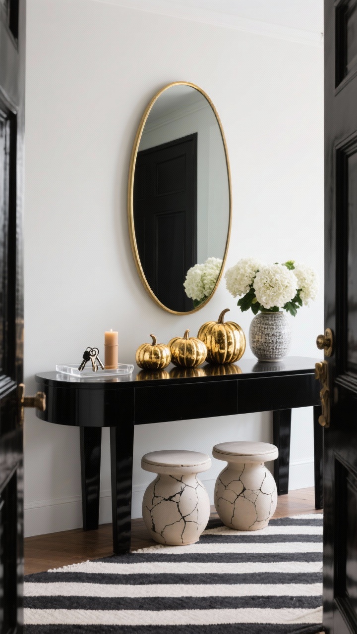 Straight-on entryway scene: black lacquer console table against a light wall, tall round mirror with a thin gold frame above, bold charcoal-and-cream striped runner on the floor. On the console, a trio of gold-leaf gilded pumpkins with fine hairline cracks catching the light, beside a vase of white hydrangeas. A clear lucite tray with keys and a sandalwood candle, ceramic stools tucked beneath the console. High-contrast black, white, and gold, crisp editorial lighting, photorealistic.