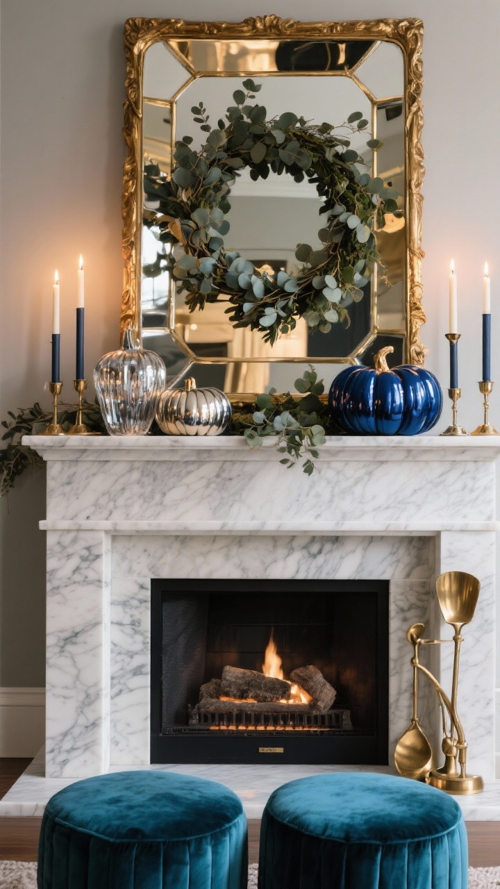 Straight-on mantel closeup, luxe glam: gilded mirror layered with asymmetrical eucalyptus garland, glossy sapphire pumpkins perched alongside mercury glass pieces, reflective surfaces creating depth. Marble hearth kept clean, brushed brass fireplace tools visible, pair of teal velvet ottomans just below frame edge. Tall taper candles in smoky holders ready to light. Palette of navy, champagne gold, warm white, hints of charcoal. Evening sparkle with candles and warm accent lighting for confident, elegant shine.
