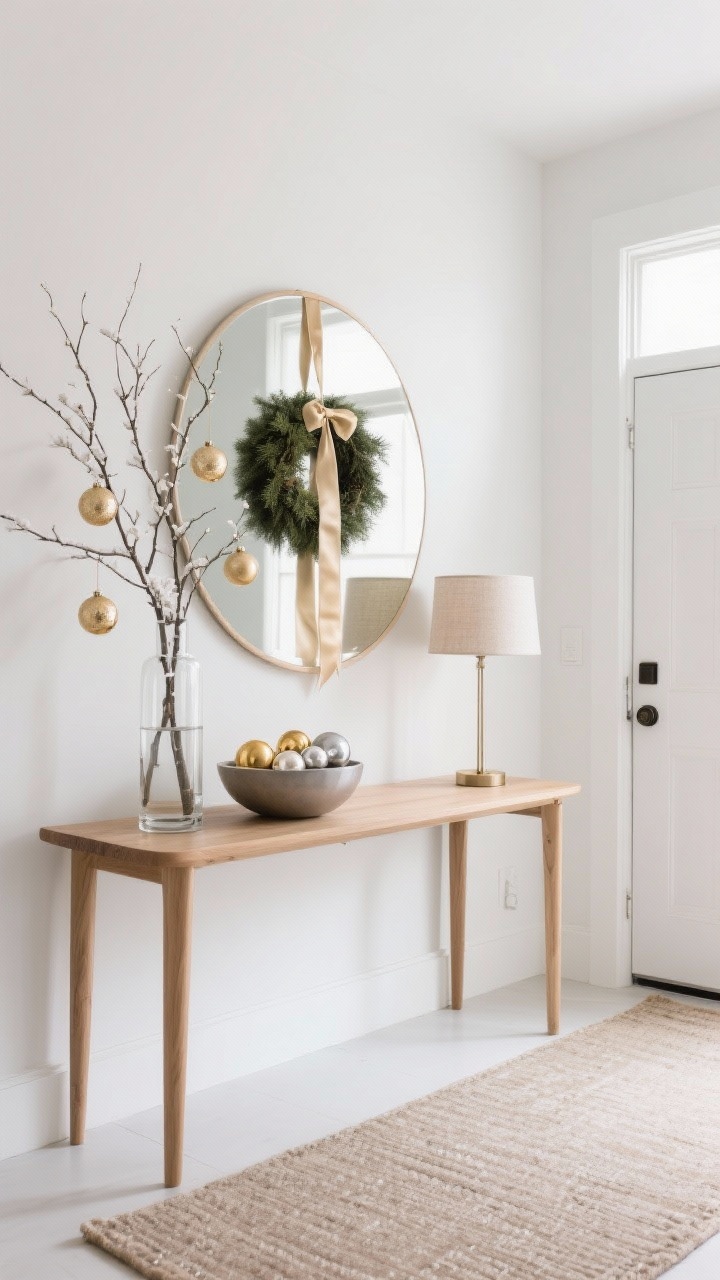 Straight-on medium shot, Champagne Minimalist Entryway: bright entry with soft white walls, light oak console, and large rounded mirror reflecting light; tall glass vase of bare winter branches hung with champagne-colored ornaments; low bowl of mixed metallics (brushed gold, matte silver, pearl) on the console; slim table lamp with linen shade casting soft glow; simple pine wreath with a long champagne satin ribbon on the wall or door; neutral runner rug grounding the space; airy, refined minimalism, photorealistic.