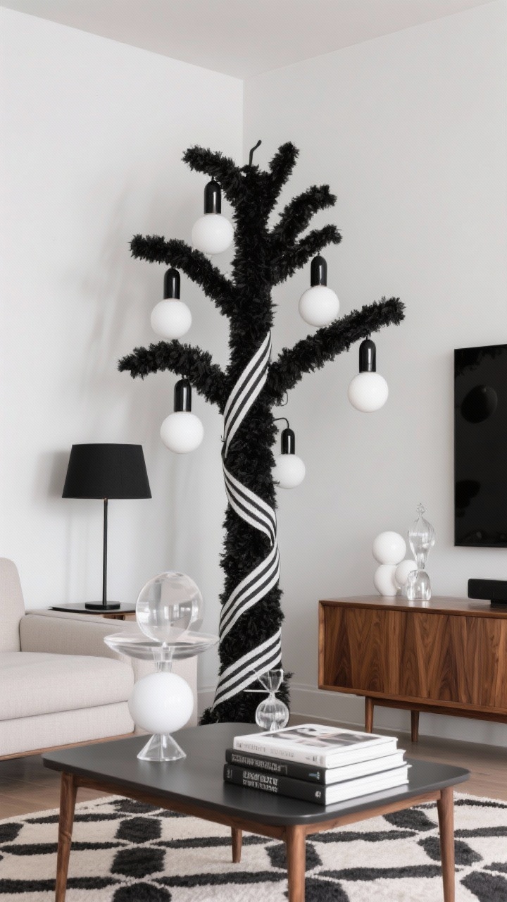 Straight-on medium shot: Modern monochrome flocked tree with a black-and-white palette, striped grosgrain ribbon spiraling down, glossy black bulbs, white ceramic spheres, and clear acrylic ornaments; pure white lights for crispness; clear acrylic minimal disc/prism topper; set in a mid-century living room with a walnut media console, low-profile sofa, geometric rug, matte black floor lamp, and architectural books stacked on a coffee table; sharp, graphic, photorealistic.