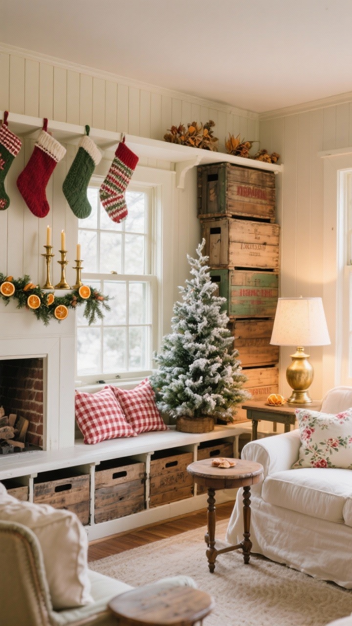 Straight-on medium shot of a classic cottage living room: faux mantel created from antique-style wooden milk crates stacked in a staggered L-shape, beadboard shelf on top, knit stockings hanging beneath. Under window, crates lined as storage benches with gingham cushions. Flocked Christmas tree, brass candlesticks, dried orange slice garlands. Slipcovered sofa, spindle-leg side tables, floral armchair partially visible. Palette: cream, soft red, pine green, aged brass. Warm, nostalgic cottage charm with soft lamp light.