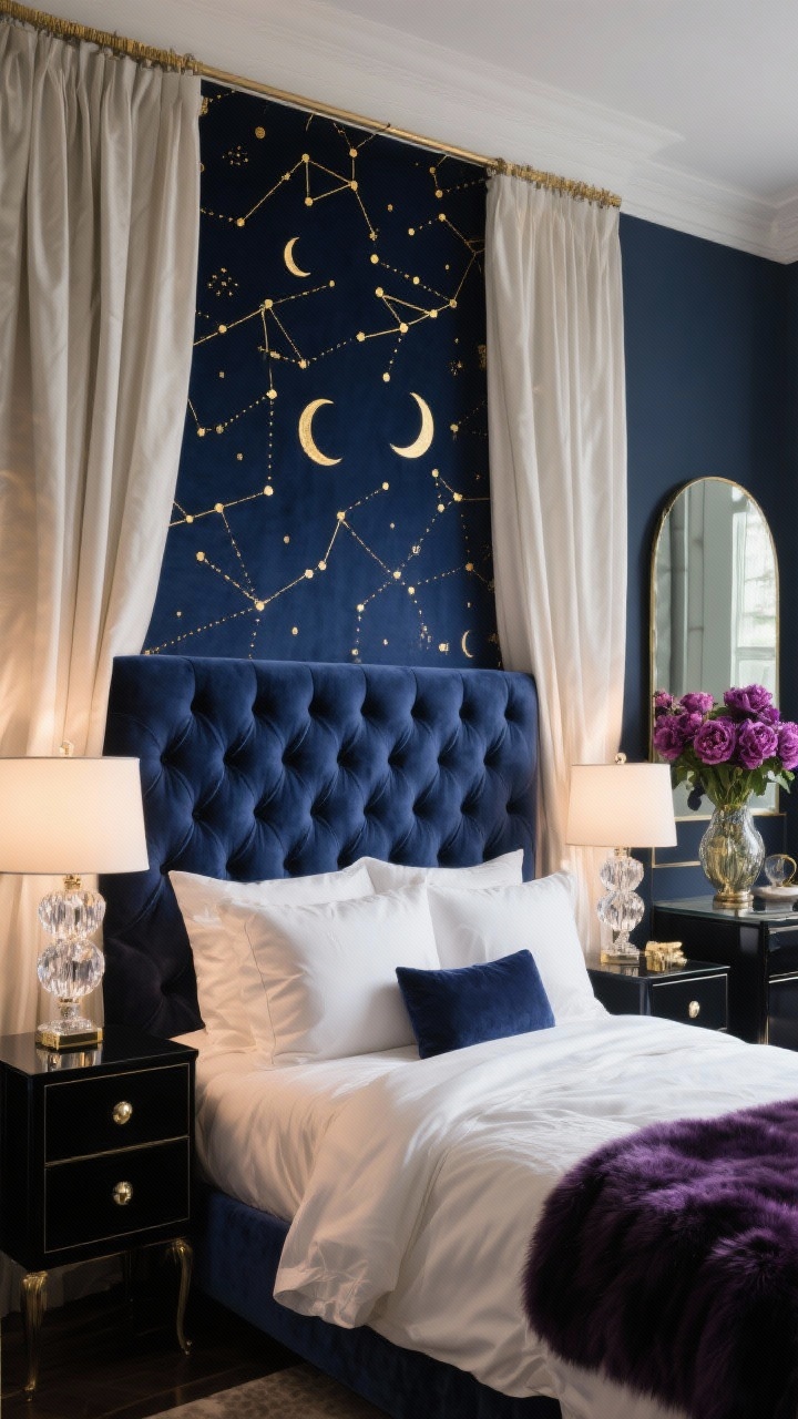 Straight-on medium shot of a glamorous bedroom vignette with an inky navy iPhone wallpaper scattered with gold constellations and tiny crescent moons behind a tufted velvet headboard in midnight blue; layered ivory sateen sheets and a deep plum faux fur throw; black lacquer nightstands with crystal lamps (dimmers set low); floor-to-ceiling drapes puddling elegantly; mirrored vanity with a vase of plum peonies off to the side; palette midnight, gold, ivory, deep plum; photorealistic, soft ambient glow.