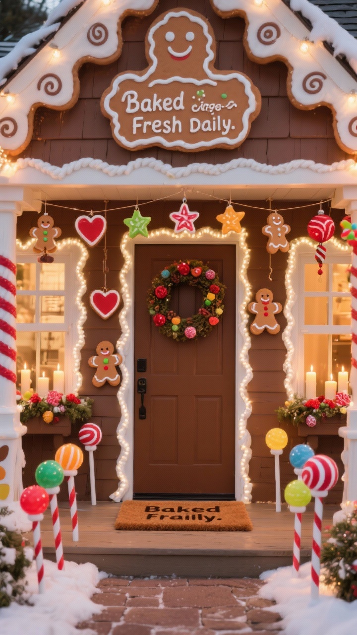 Straight-on medium shot of entry: Gingerbread Cottage charm with white rope lights outlining windows and door like icing. Colorful faux gumdrop globe stakes dot the pathway. Porch garlands hung with cookie-shaped ornaments—hearts, stars, gingerbread men—swing gently. An oversized gingerbread house sign above, candy swirls accent the corners, and a brown doormat reads “Baked Fresh Daily.” Warm white outlining glows softly; gumdrop stakes illuminate; window candles flicker. A felt peppermint wreath crowns the door. Palette: caramel brown, white, gumdrop brights, cinnamon red. Photorealistic, storybook sweetness.