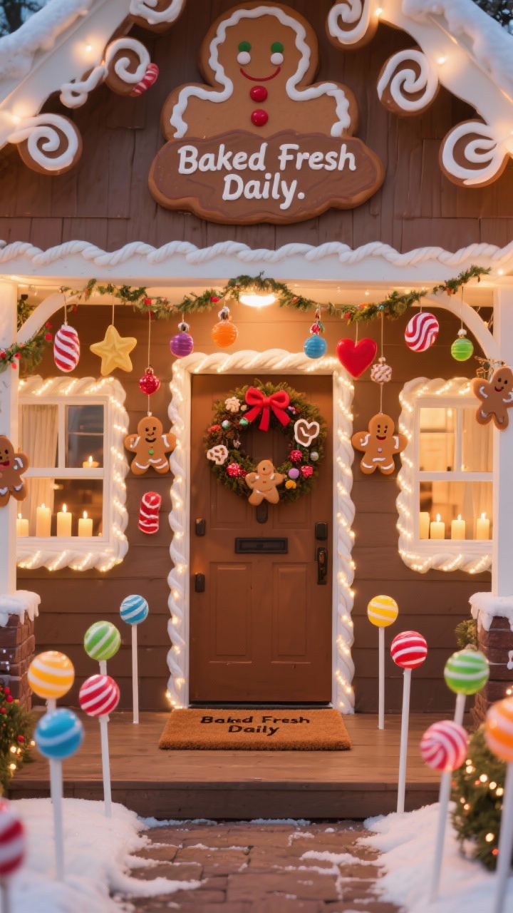 Straight-on medium shot of entry: Gingerbread Cottage charm with white rope lights outlining windows and door like icing. Colorful faux gumdrop globe stakes dot the pathway. Porch garlands hung with cookie-shaped ornaments—hearts, stars, gingerbread men—swing gently. An oversized gingerbread house sign above, candy swirls accent the corners, and a brown doormat reads “Baked Fresh Daily.” Warm white outlining glows softly; gumdrop stakes illuminate; window candles flicker. A felt peppermint wreath crowns the door. Palette: caramel brown, white, gumdrop brights, cinnamon red. Photorealistic, storybook sweetness.