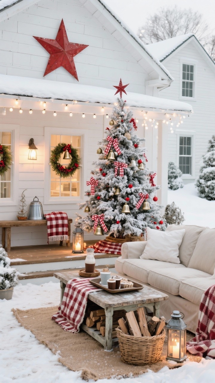 Straight-on medium-wide shot: Snowy farmhouse scene with a flocked tree dotted with red berry picks, gingham ribbon, galvanized metal ornaments, white wooden houses, and tin bells; warm white lights creating a porch-light glow; matte white or red metal barn star topper; staged with a slipcovered sofa, shiplap walls, weathered bench coffee table, striped grain-sack tree skirt, basket of firewood, wreaths hung on windows, cocoa station on a vintage tray, checked throws, and lanterns; classic, cheerful, photorealistic.