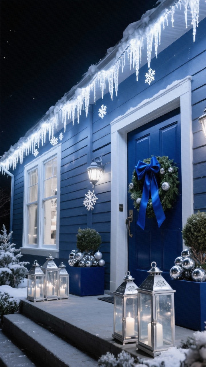 Straight-on night facade with a midnight blue and silver theme: deep navy accents including a navy door bow, navy ribbon woven through a wreath, and navy planters, silver ornaments glinting, cool-white icicle lights along the eaves, delicate snowflake light projectors drifting softly across the exterior, and a cluster of silver lanterns with frosted glass setting a calm, celestial tone.